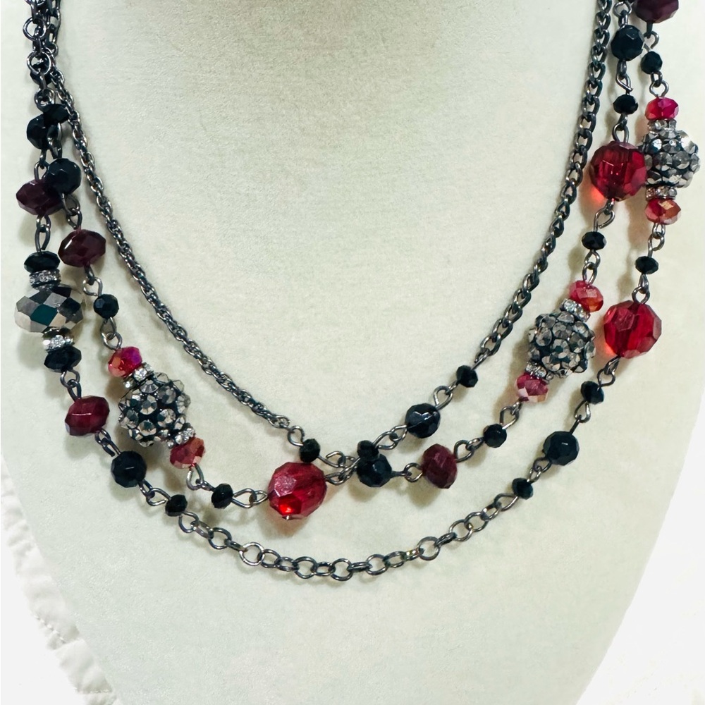 Sequin Black and Red Long Beaded Gunmetal Long Necklace NWT